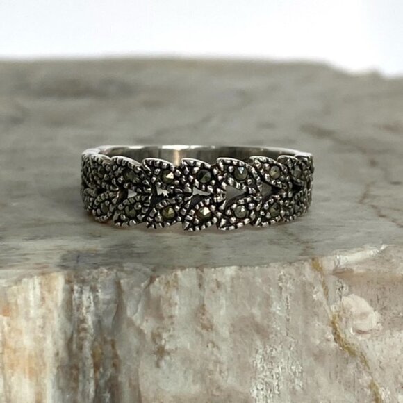 Sterling Silver 925 5mm Floral Leaf Marcasite Openwork Pierced Band Ring Sz 5.75 - Picture 9 of 16